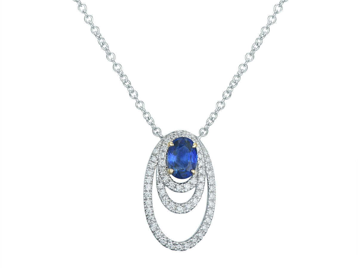 9ct White Gold Sapphire & Diamond Set Openwork Oval Pendant Necklace