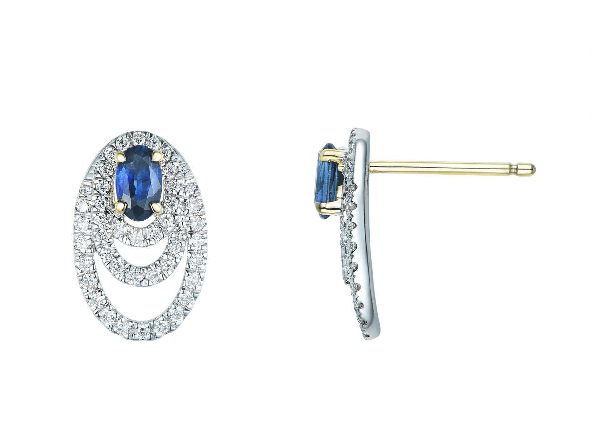 9ct Yellow & White Gold Sapphire & Diamond Set Openwork Oval Stud Earrings