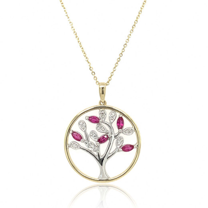 9ct Yellow and White Gold Ruby & Diamond Set Tree of Life Pendant Necklace