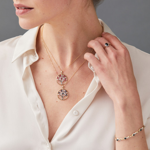9ct Yellow and White Gold Ruby & Diamond Set Tree of Life Pendant Necklace