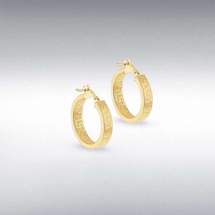 9ct Yellow Gold Greek Key Design Hoop Earrings 