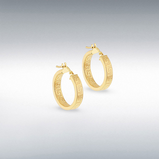 9ct Yellow Gold Greek Key Design Hoop Earrings 