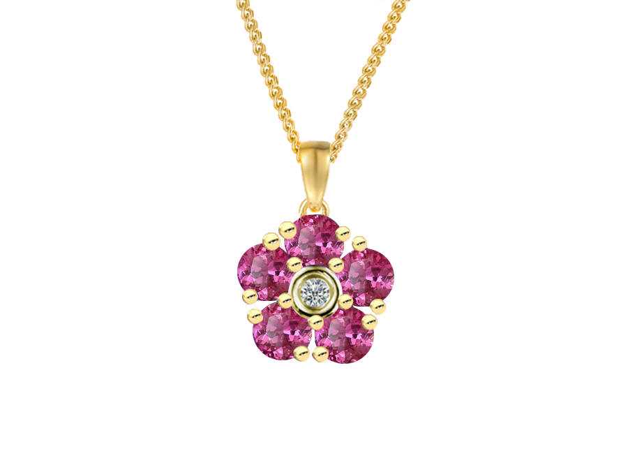 9ct Gold Pink Sapphire & Diamond Set Cluster Flower Pendant Necklace