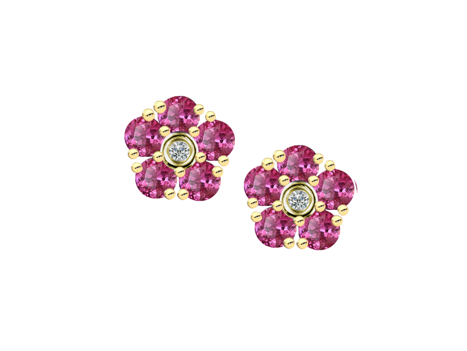 9ct Yellow Gold Pink Sapphire & Diamond Set Cluster Flower Stud Earrings