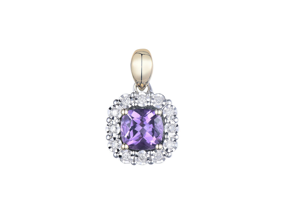 9ct Yellow & White Gold Amethyst & Diamond Set Cluster Pendant Necklace