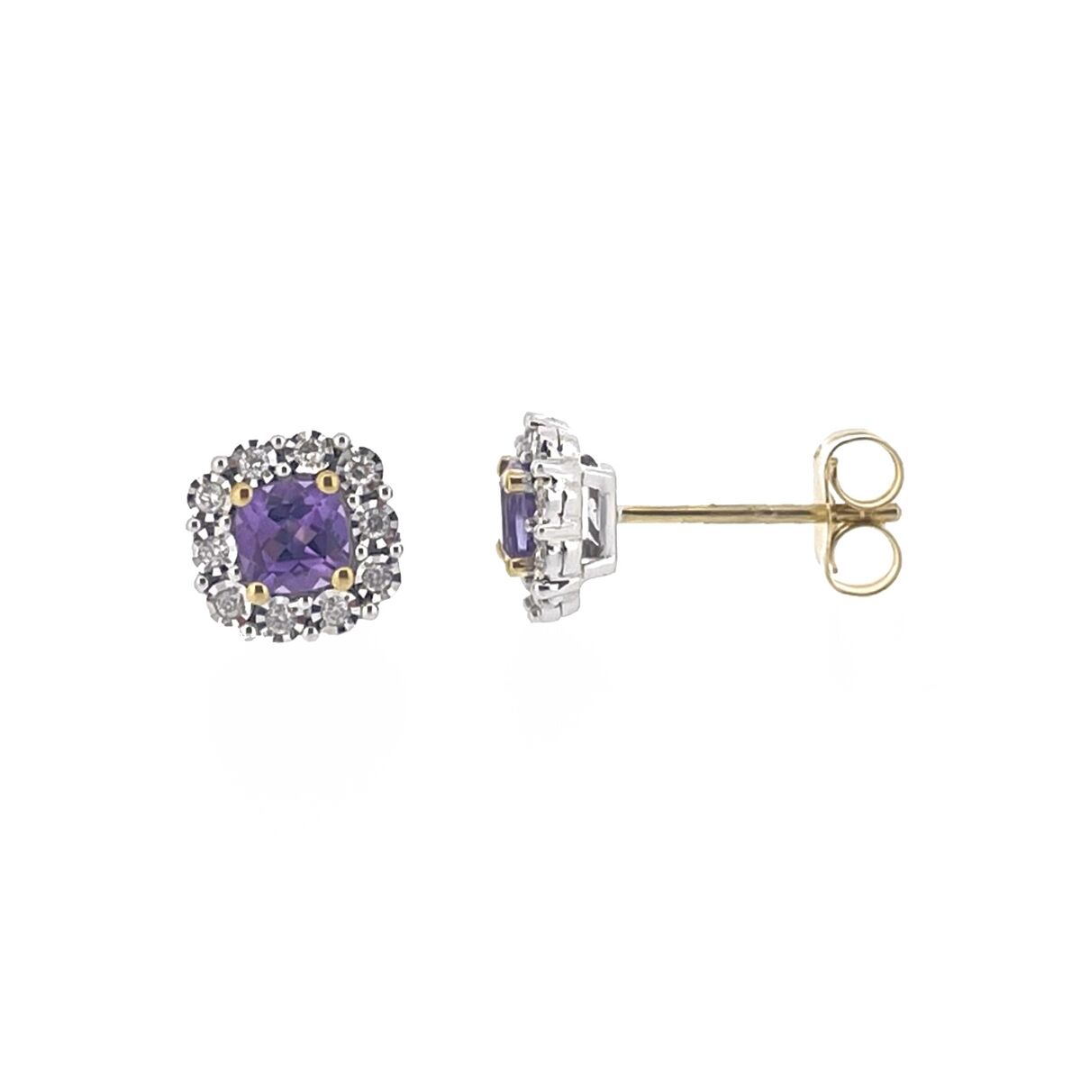 9ct Yellow & White Gold Amethyst & Diamond Set Cluster Stud Earrings