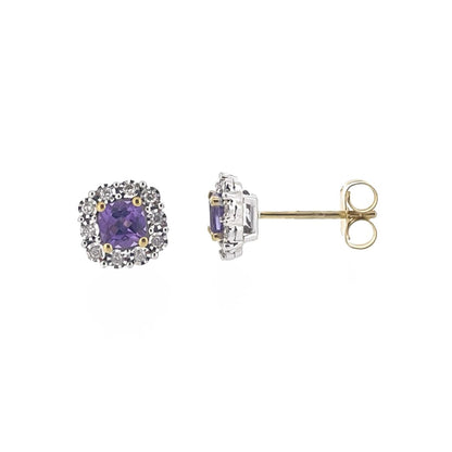 9ct Yellow & White Gold Amethyst & Diamond Set Cluster Stud Earrings