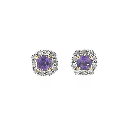 9ct Yellow & White Gold Amethyst & Diamond Set Cluster Stud Earrings