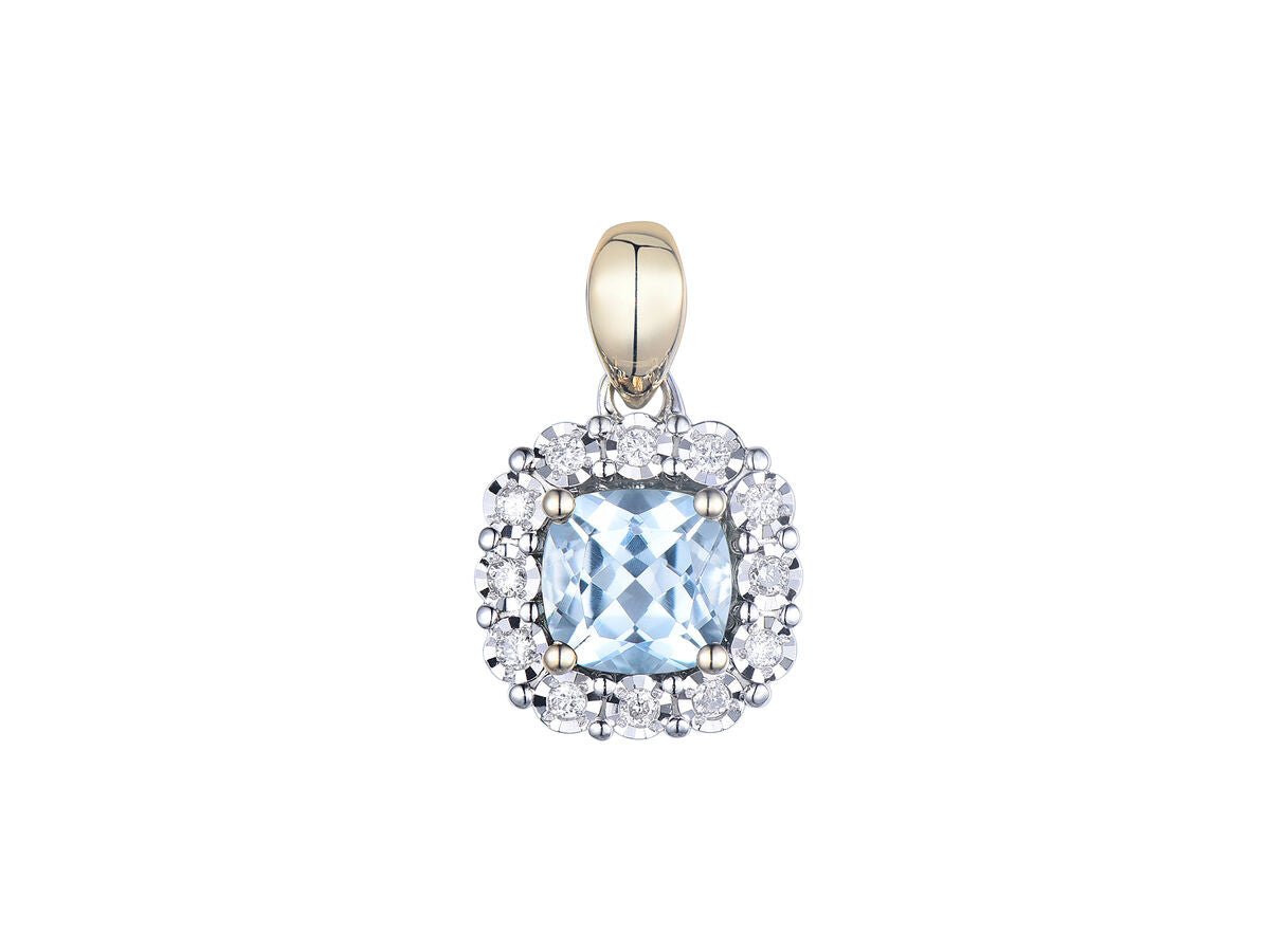 9ct Yellow & White Gold Blue Topaz & Diamond Set Cluster Pendant Necklace