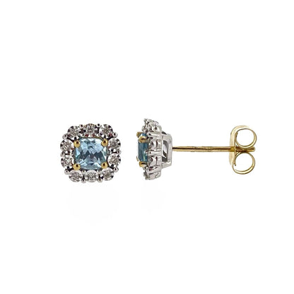 9ct Yellow & White Gold Blue Topaz & Diamond Set Cluster Stud Earrings