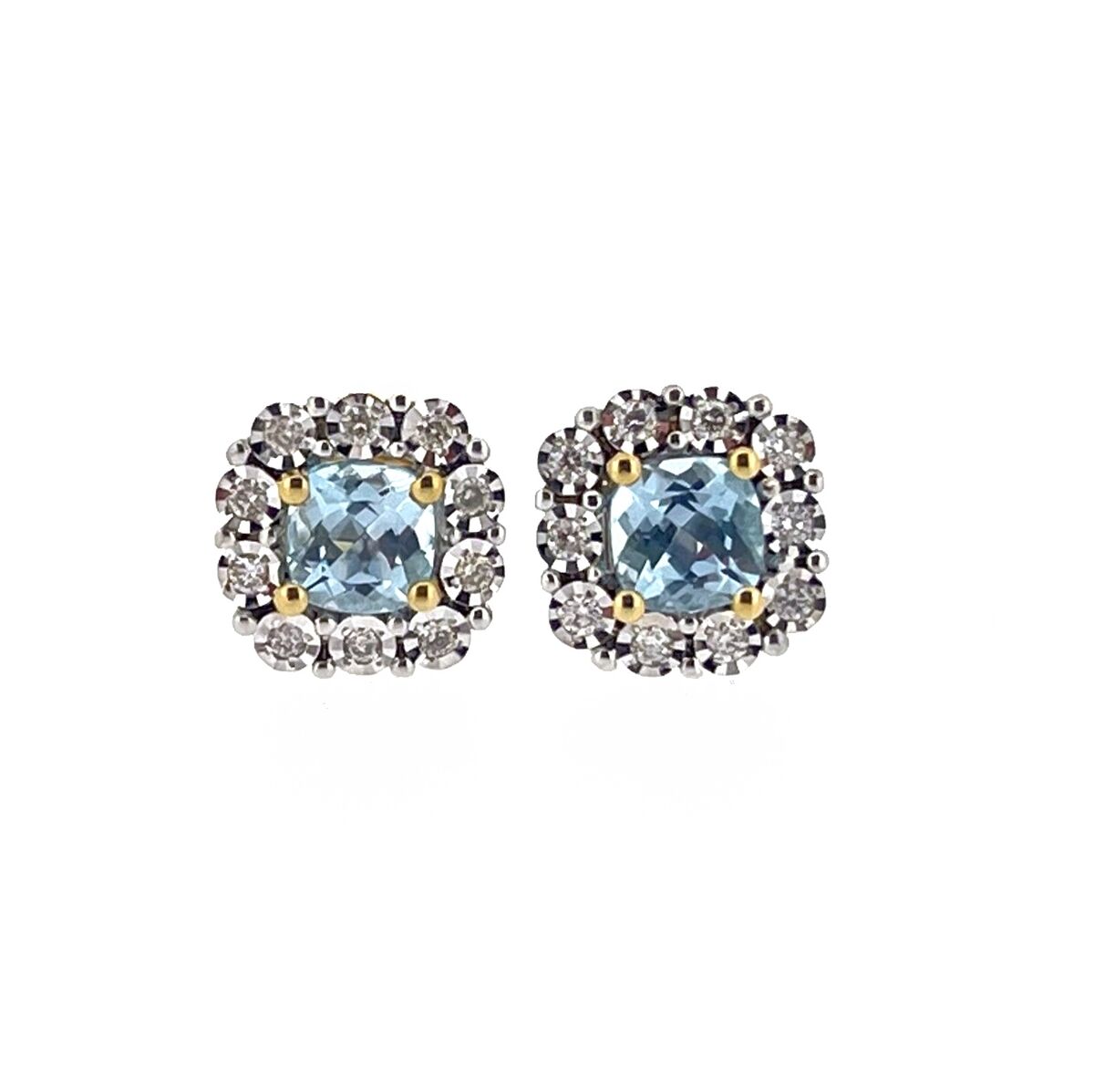 9ct Yellow & White Gold Blue Topaz & Diamond Set Cluster Stud Earrings