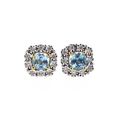 9ct Yellow & White Gold Blue Topaz & Diamond Set Cluster Stud Earrings