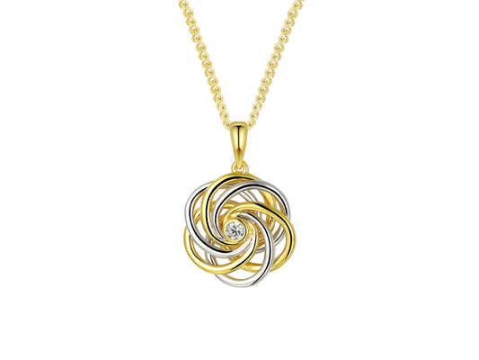 9ct Yellow & White Gold Two Tone Diamond Set Openwork Swirl Design Pendant Necklace