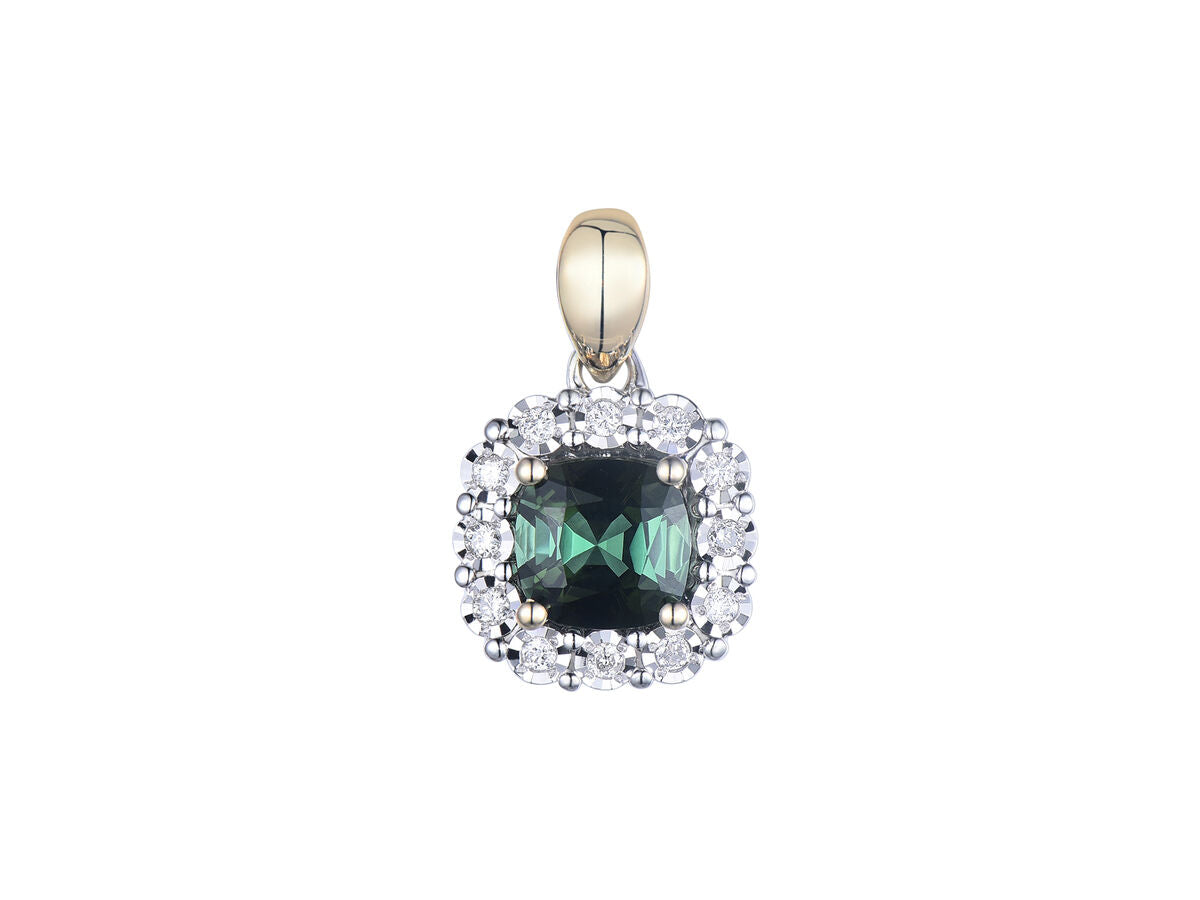 9ct Yellow & White Gold Green Tourmaline & Diamond Set Cluster Pendant Necklace