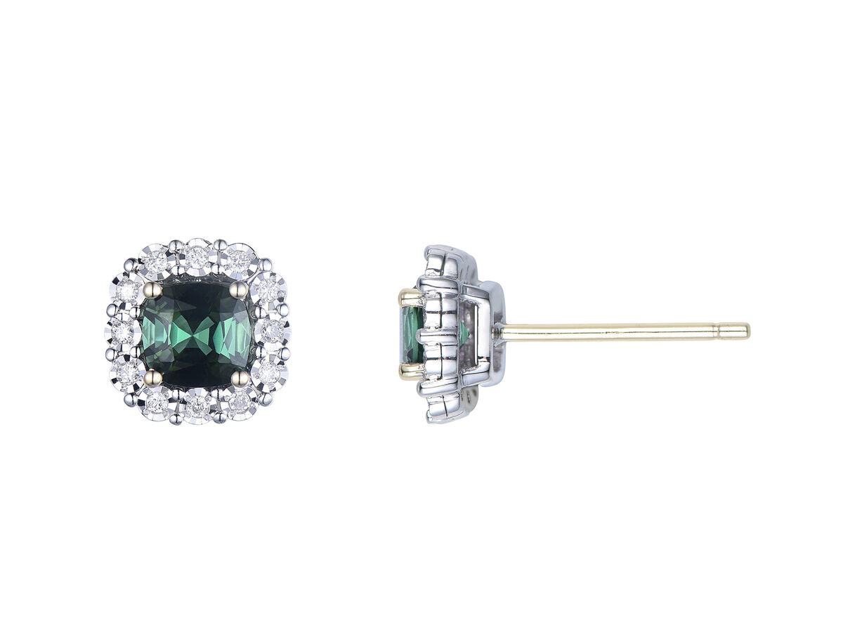 9ct Yellow & White Gold Green Tourmaline & Diamond Set Cluster Stud Earrings