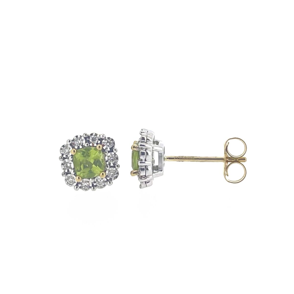 9ct Yellow & White Gold Peridot & Diamond Set Cluster Stud Earrings