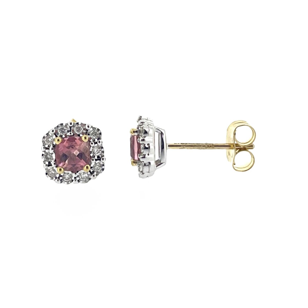 9ct Yellow & White Gold Pink Tourmaline & Diamond Set Cluster Stud Earrings