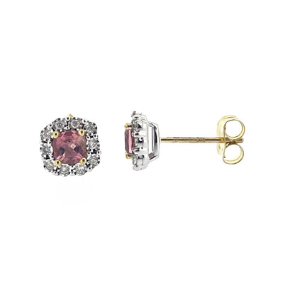 9ct Yellow & White Gold Pink Tourmaline & Diamond Set Cluster Stud Earrings