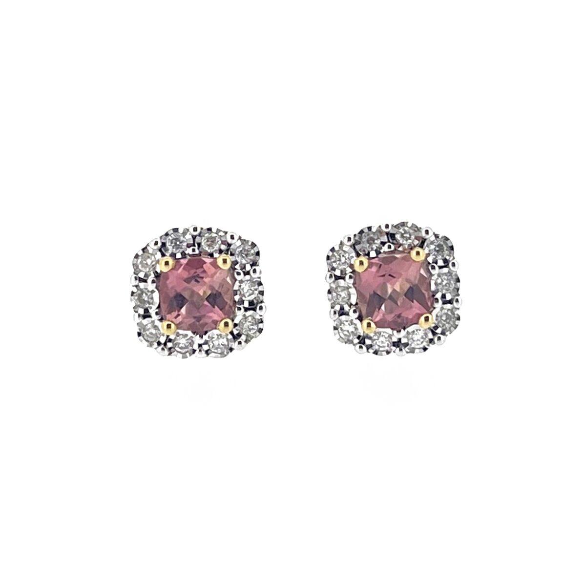9ct Yellow & White Gold Pink Tourmaline & Diamond Set Cluster Stud Earrings