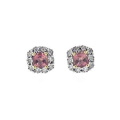 9ct Yellow & White Gold Pink Tourmaline & Diamond Set Cluster Stud Earrings