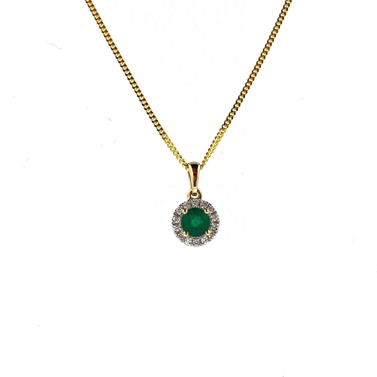 9ct Gold Round Emerald & Diamond Set Cluster Pendant Necklace