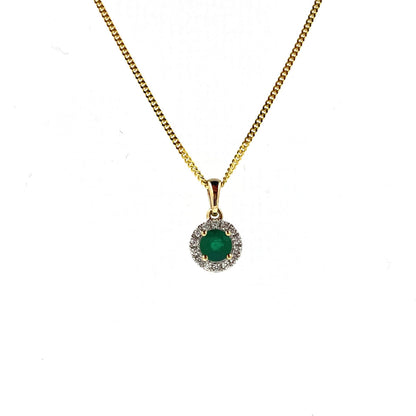 9ct Gold Round Emerald & Diamond Set Cluster Pendant Necklace