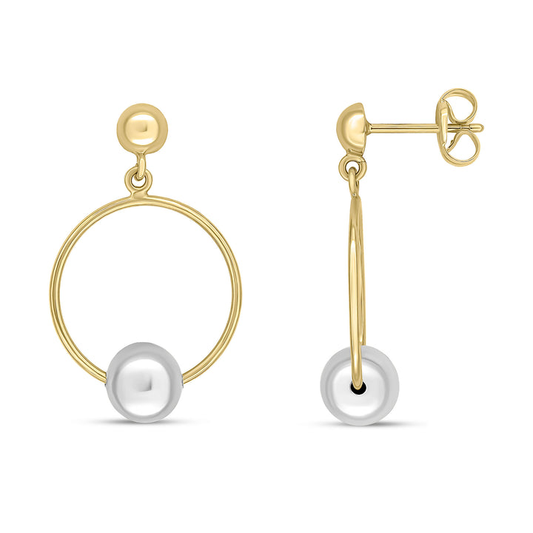 9ct Yellow & White Gold Two Tone Ball and Circle Drop Earrings