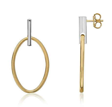 9ct Yellow & White Gold Two Tone Bar & Oval Drop Earrings
