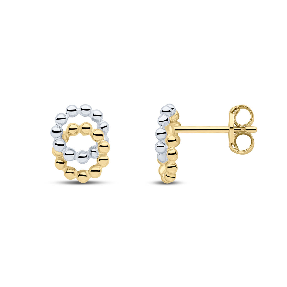 9ct Yellow & White Gold Two Tone Beaded Interlocking Circle Stud Earrings