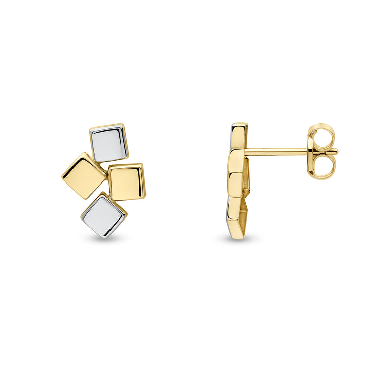 9ct Yellow & White Gold Two Tone Building Block Stud Earrings