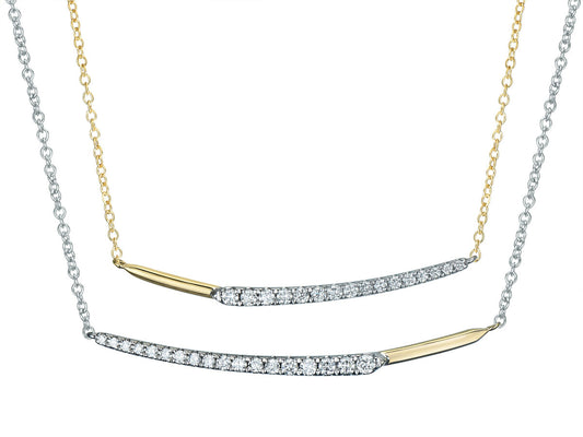 9ct Yellow & White Gold Two Tone Diamond Set Double Tapered Bar Pendant Necklace