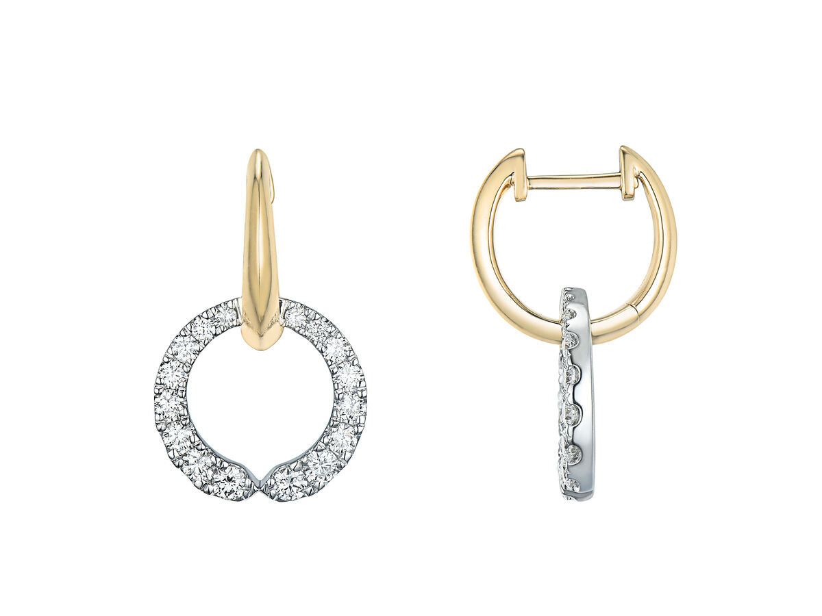 9ct Yellow & White Gold Two Tone Diamond Set Huggy Circle Drop Earrings