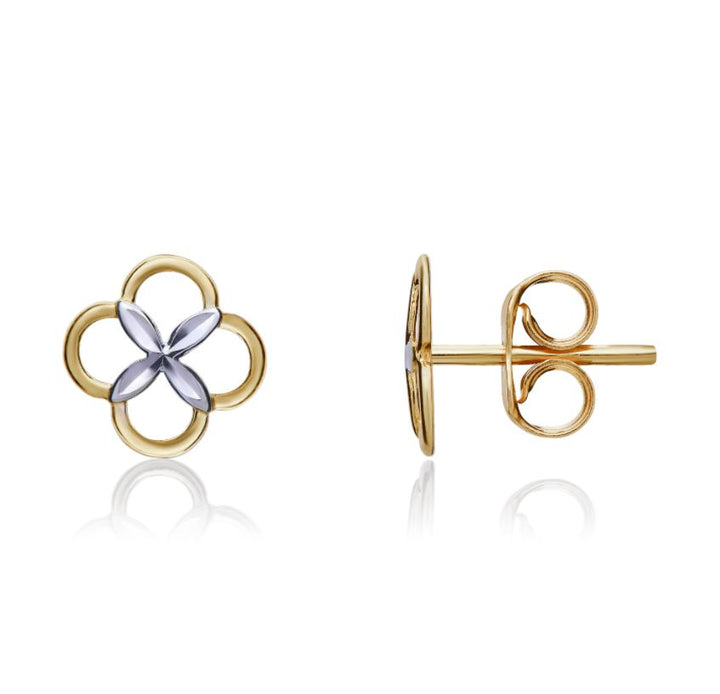 9ct Yellow & White Gold Two Tone Openwork Four Leaf Clover Stud Earrings