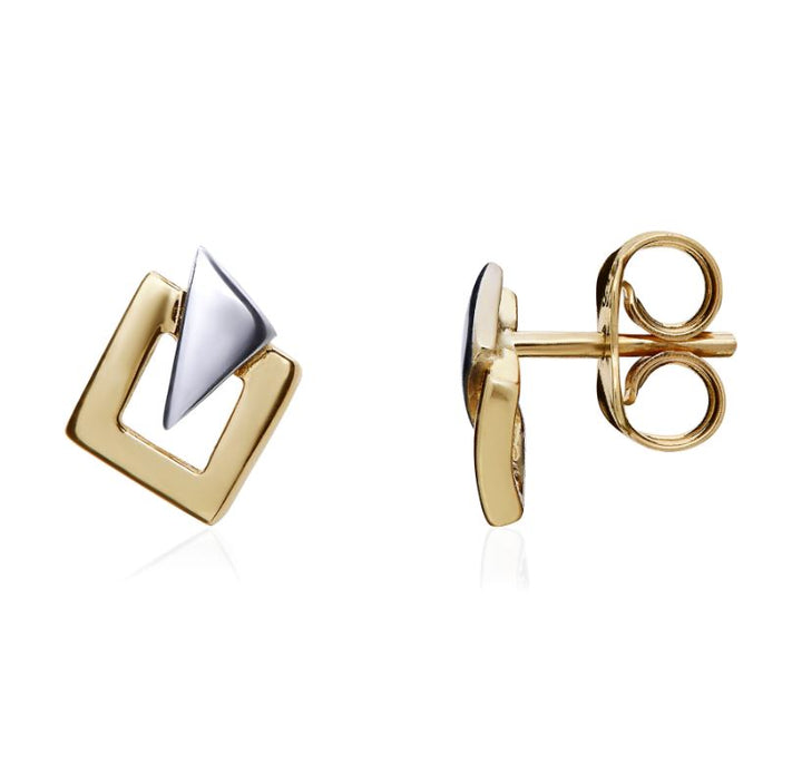 9ct Yellow & White Gold Two Tone Square & Triangle Stud Earrings
