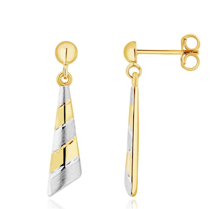 9ct Yellow & White Gold Two Tone Striped Triangular Drop Earrings