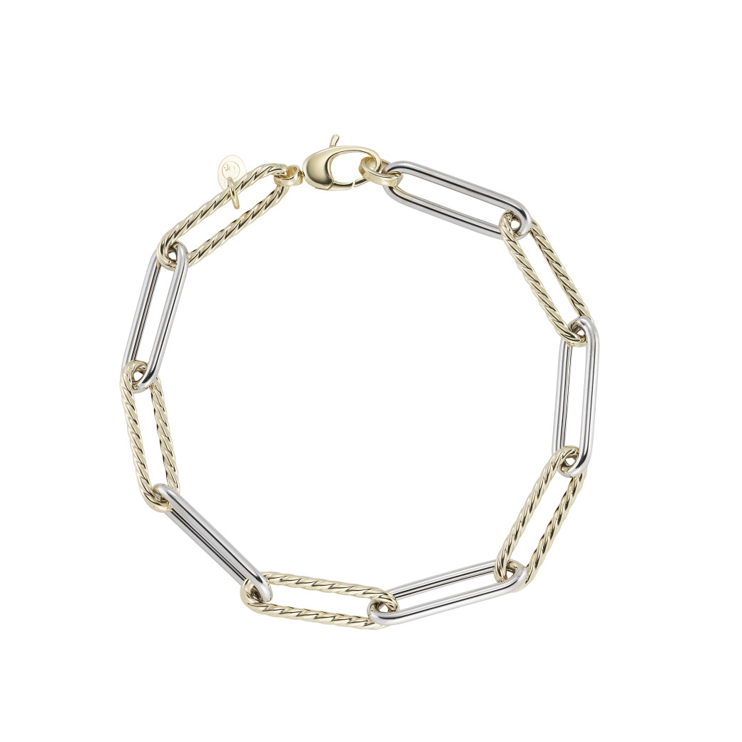 9ct Yellow & White Gold Two Tone Twist & Polished Oval Link Bracelet
