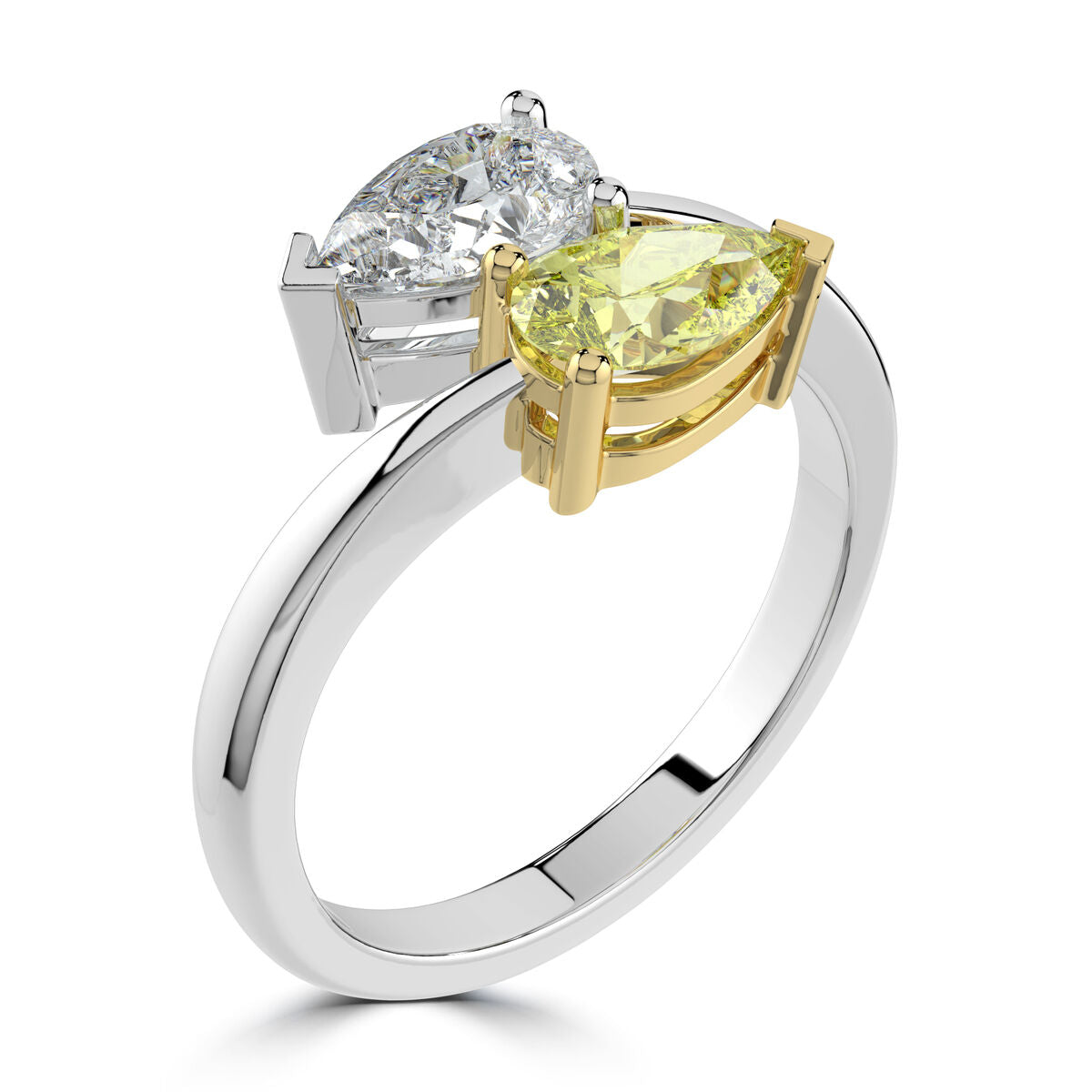 Platinum Natural Yellow Diamond Two Stone Crossover Twist Ring