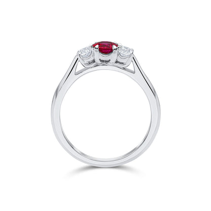 Platinum Oval Cut Ruby & Diamond Set Three Stone Trilogy Ring