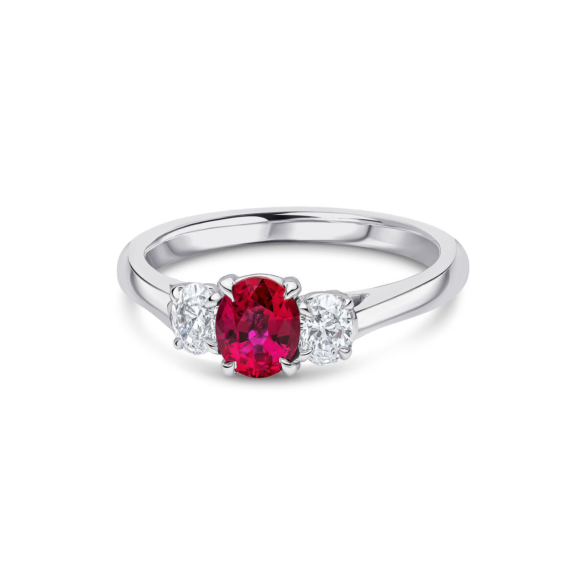 Platinum Oval Cut Ruby & Diamond Set Three Stone Trilogy Ring