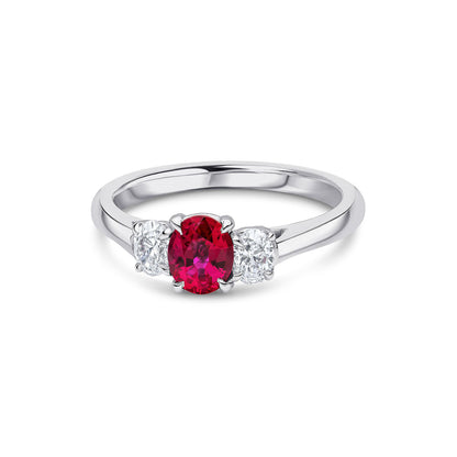 Platinum Oval Cut Ruby & Diamond Set Three Stone Trilogy Ring