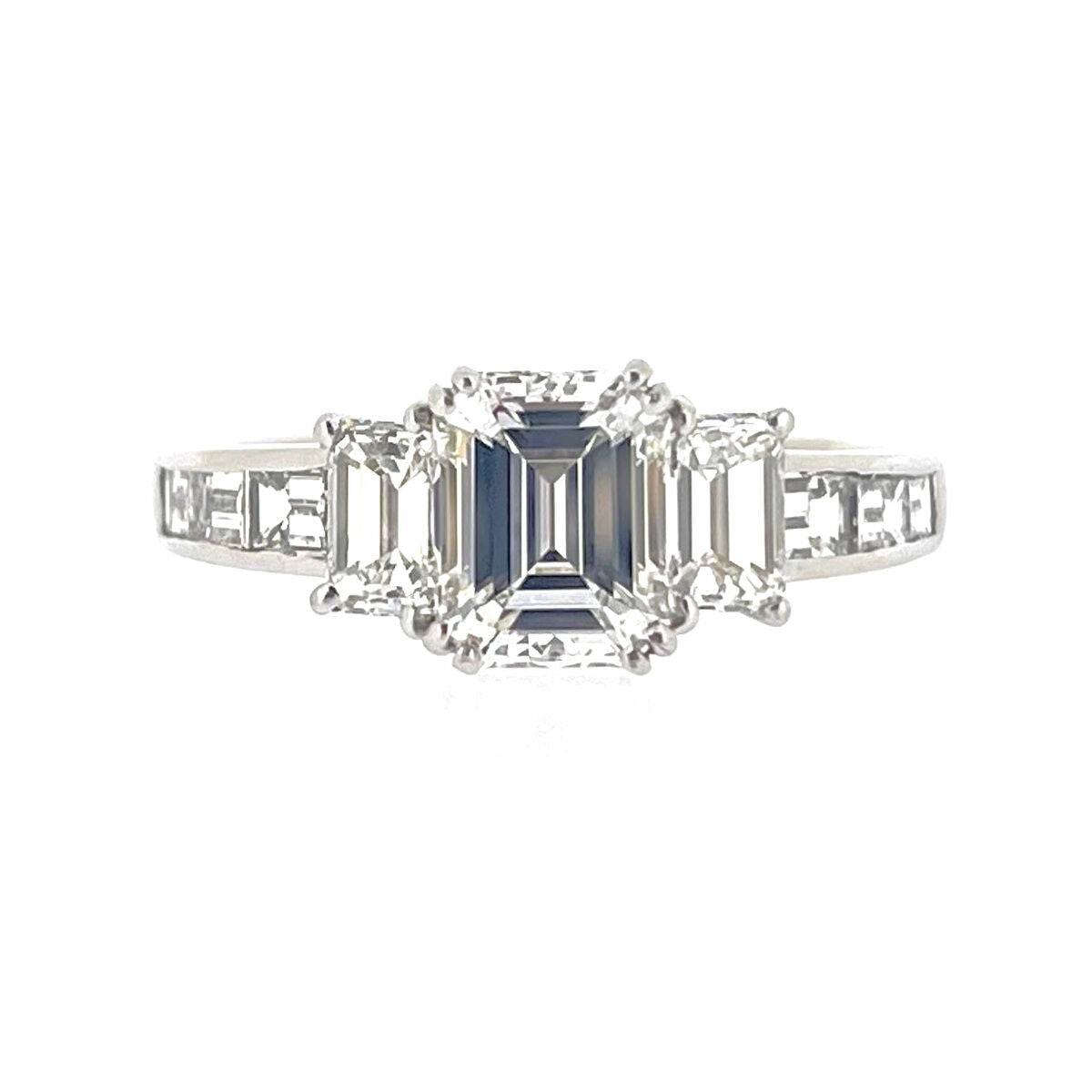 Pre-Owned 18ct White Gold Three Stone Diamond 3.00ct Emerald & Baguette Cut Trilogy Ring