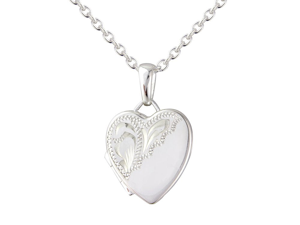 Sterling Silver Heart Shaped Half Engraved Locket Pendant Necklace (15mm)