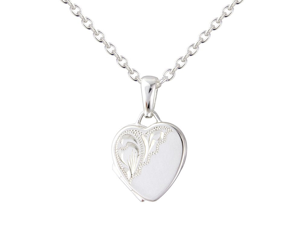 Sterling Silver Heart Shaped Half Engraved Locket Pendant Necklace (13mm)