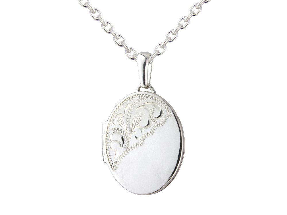 Sterling Silver Oval Shape Half Engraved Locket Pendant Necklace 