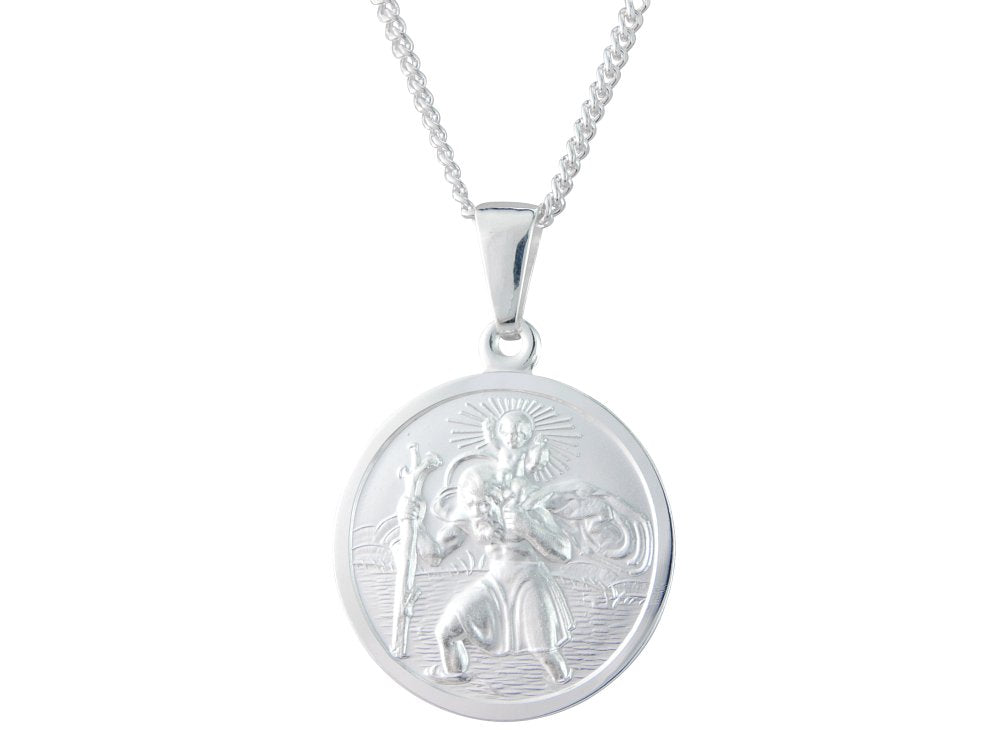 Sterling Silver Round Double Sided St Christopher Pendant Necklace