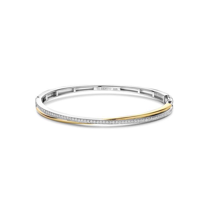 TI SENTO Sterling Silver & Gold Plated Two Tone Cubic Zirconia Set Hinged Bangle