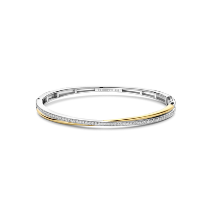 TI SENTO Sterling Silver & Gold Plated Two Tone Cubic Zirconia Set Hinged Bangle