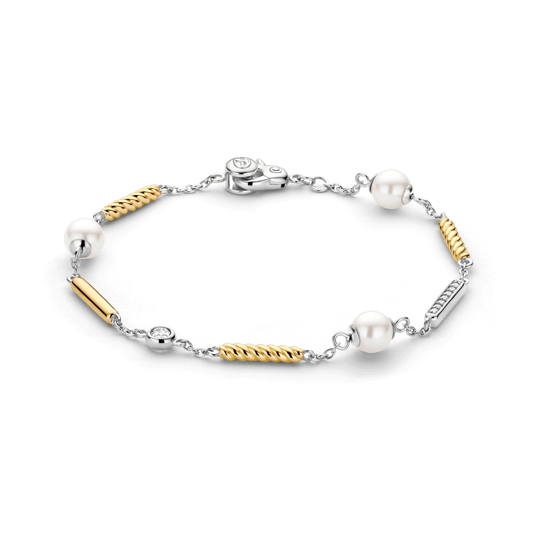 TI SENTO Sterling Silver & Gold Plated Two Tone Cubic Zirconia & Pearl Set Bracelet