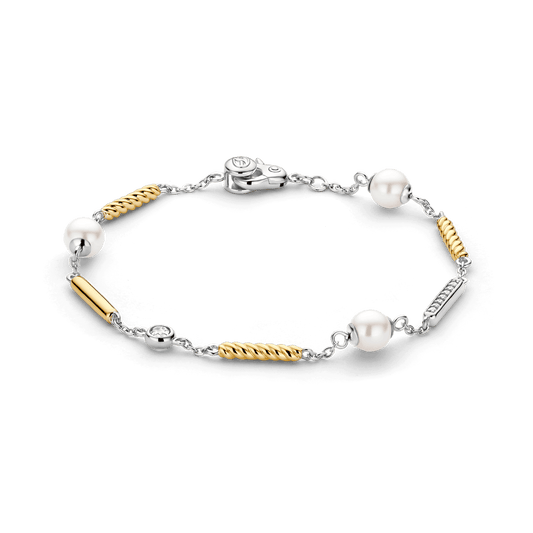 TI SENTO Sterling Silver & Gold Plated Two Tone Cubic Zirconia & Pearl Set Bracelet
