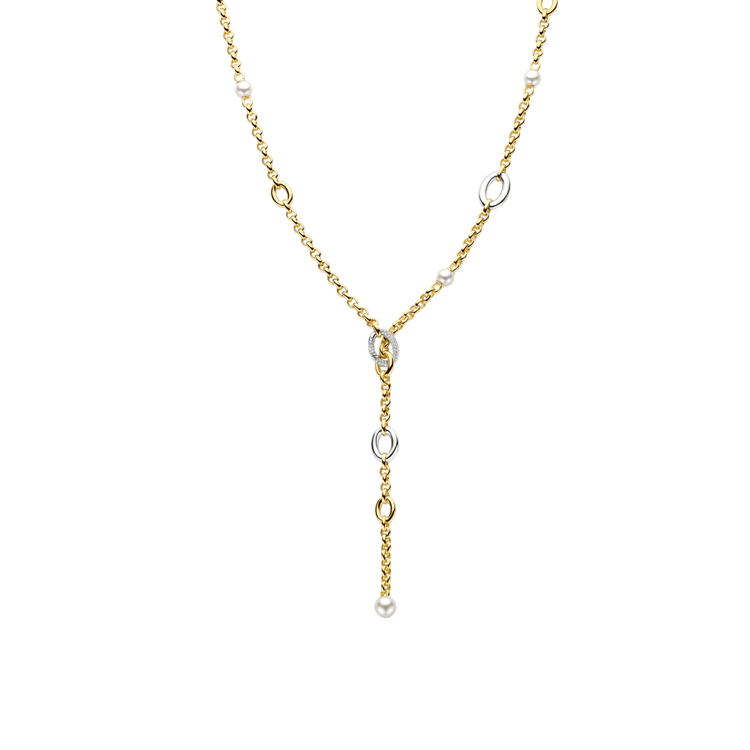 TI SENTO Sterling Silver & Gold Plated Two Tone Cubic Zirconia & Pearl Set Lariat Necklace
